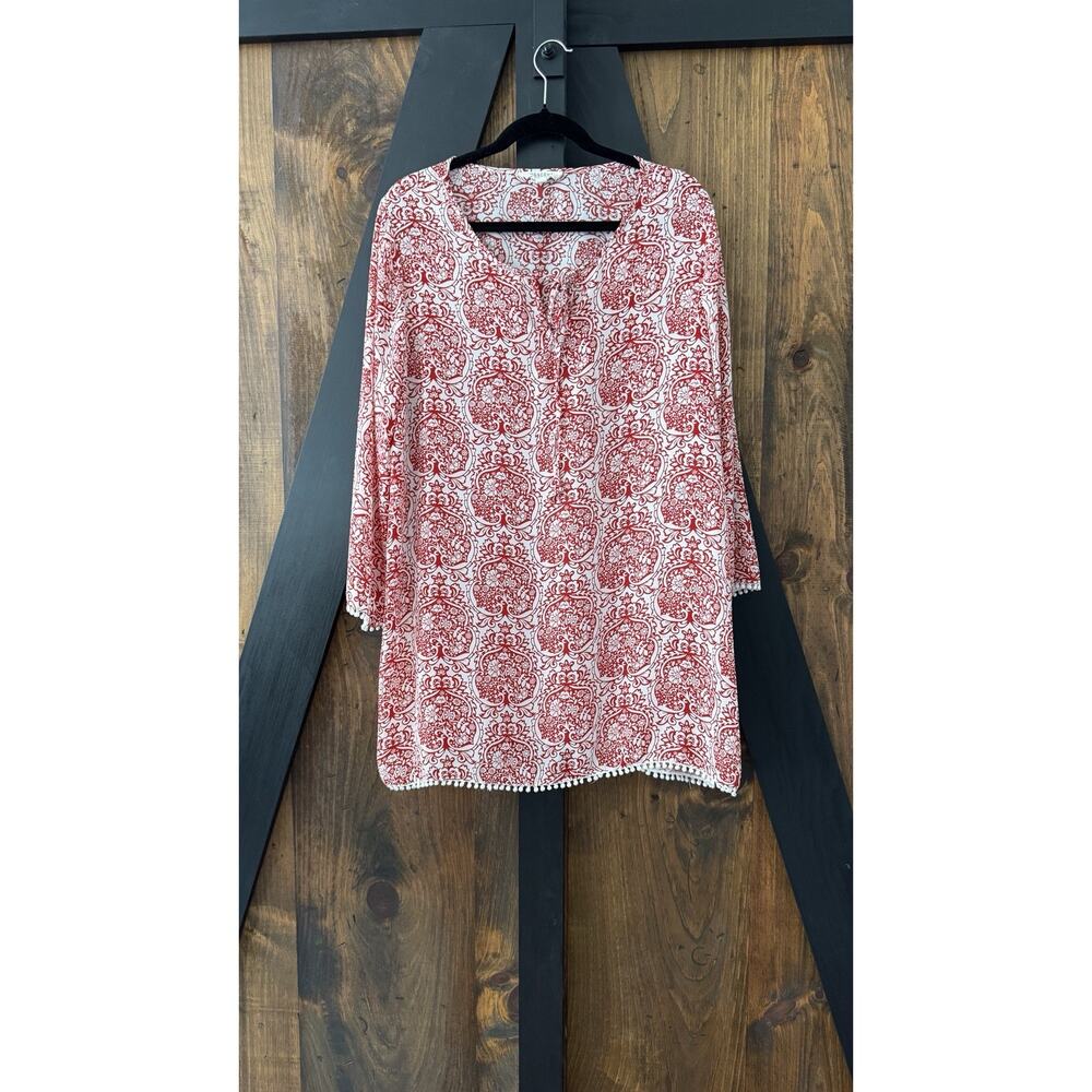 Crescent Stitch Fix Red & White Pom Pom Fringed Tunic Size XXL 1X